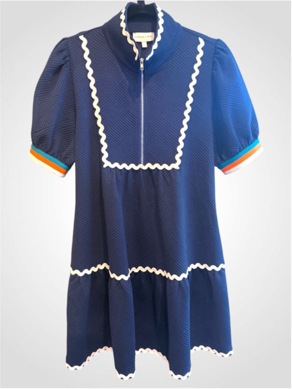 Entro Scalloped Trim Structured Mini Dress in Navy Size S